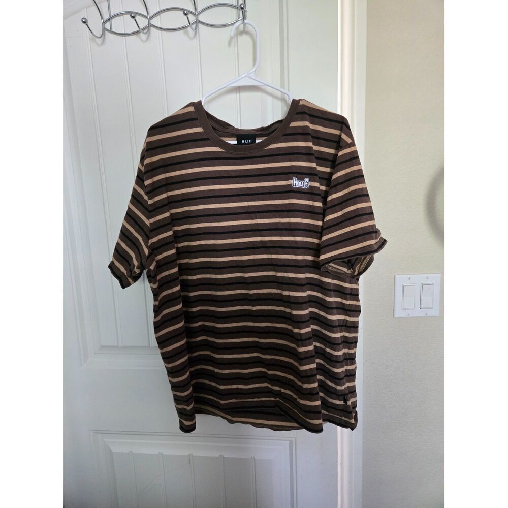 HUF Men’s XXL Brown Tan Black Striped Short Sleeve T-Shirt Embroidered Logo
